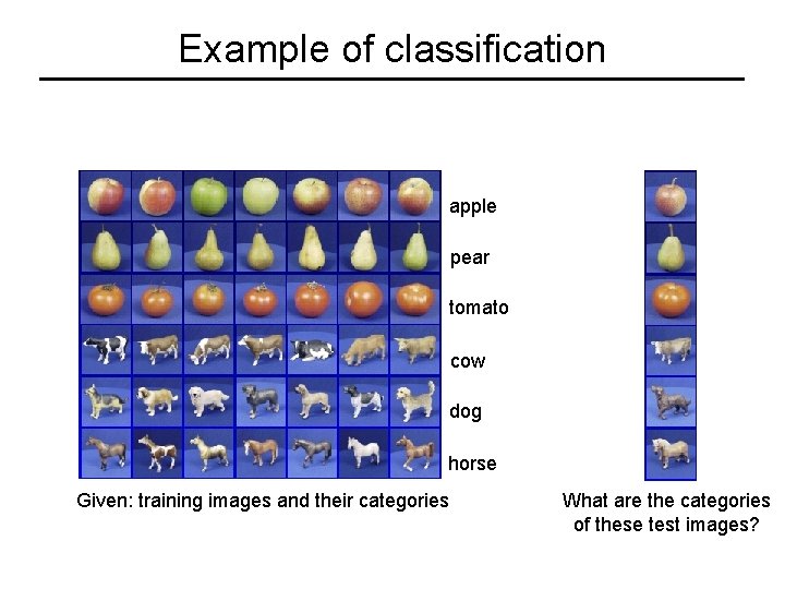 Example of classification apple pear tomato cow dog horse Given: training images and their