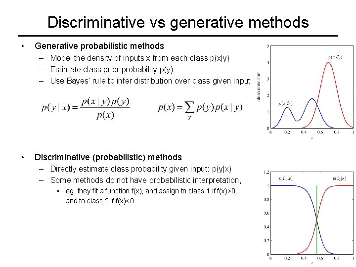 Discriminative vs generative methods • Generative probabilistic methods – Model the density of inputs