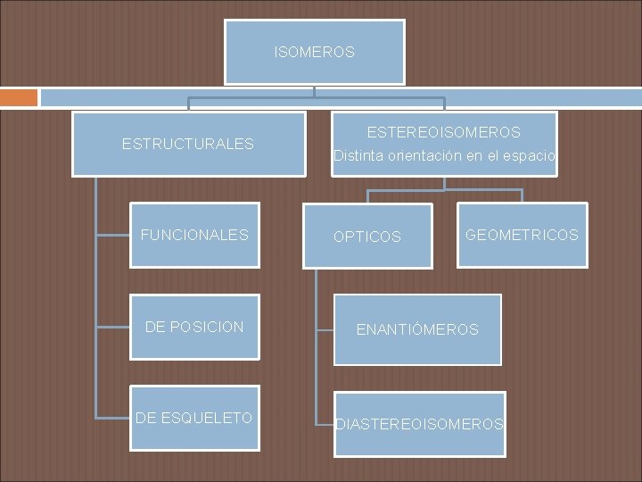 ISOMEROS ESTRUCTURALES FUNCIONALES ESTEREOISOMEROS Distinta orientación en el espacio OPTICOS GEOMETRICOS DE POSICION ENANTIÓMEROS