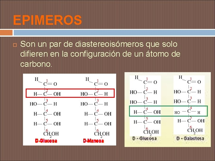 EPIMEROS Son un par de diastereoisómeros que solo difieren en la configuración de un