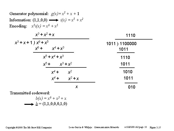 Generator polynomial: g(x)= x 3 + x + 1 Information: (1, 1, 0, 0) Generator polynomial: g(x)= x 3 + x + 1 Information: (1, 1, 0, 0)