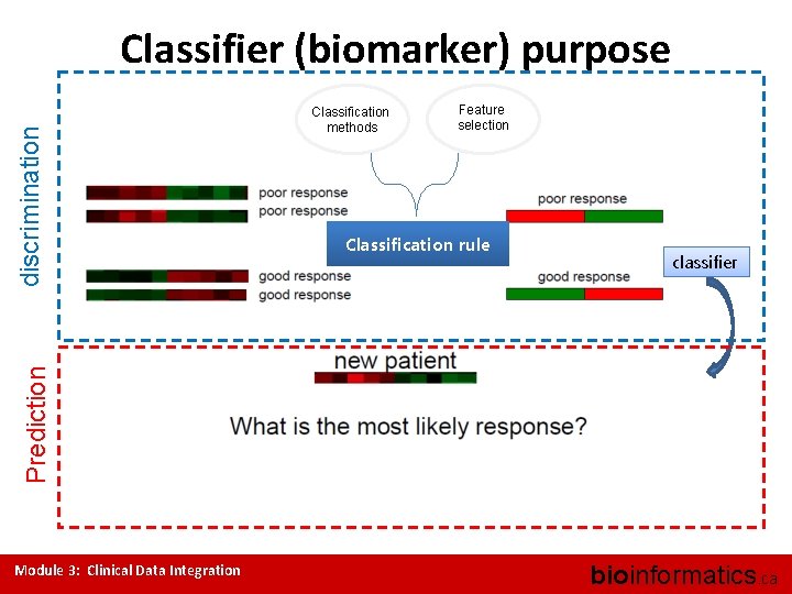 Classification methods Feature selection Classification rule classifier Prediction discrimination Classifier (biomarker) purpose Module 3:
