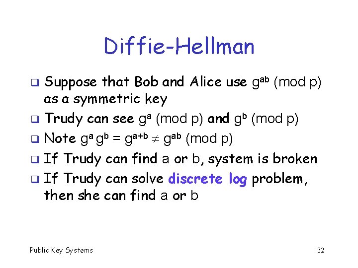 Diffie-Hellman Suppose that Bob and Alice use gab (mod p) as a symmetric key