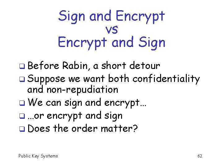 Sign and Encrypt vs Encrypt and Sign q Before Rabin, a short detour q