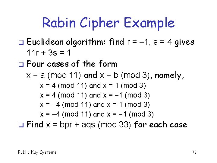 Rabin Cipher Example Euclidean algorithm: find r = 1, s = 4 gives 11