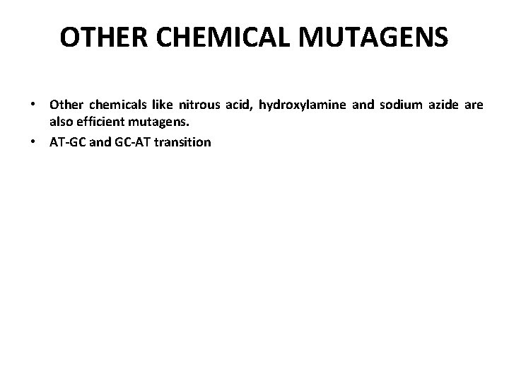 OTHER CHEMICAL MUTAGENS • Other chemicals like nitrous acid, hydroxylamine and sodium azide are