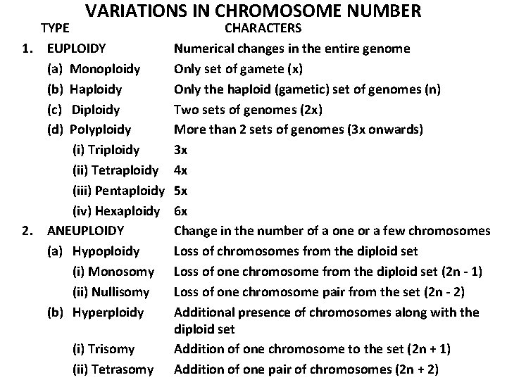 VARIATIONS IN CHROMOSOME NUMBER TYPE 1. EUPLOIDY (a) Monoploidy (b) Haploidy (c) Diploidy (d)