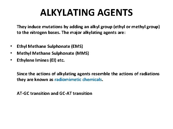 ALKYLATING AGENTS They induce mutations by adding an alkyl group (ethyl or methyl group)