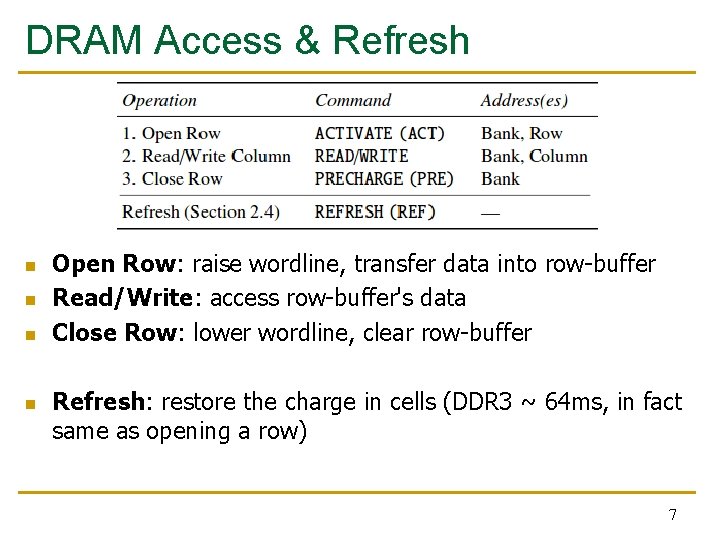 DRAM Access & Refresh n n Open Row: raise wordline, transfer data into row-buffer