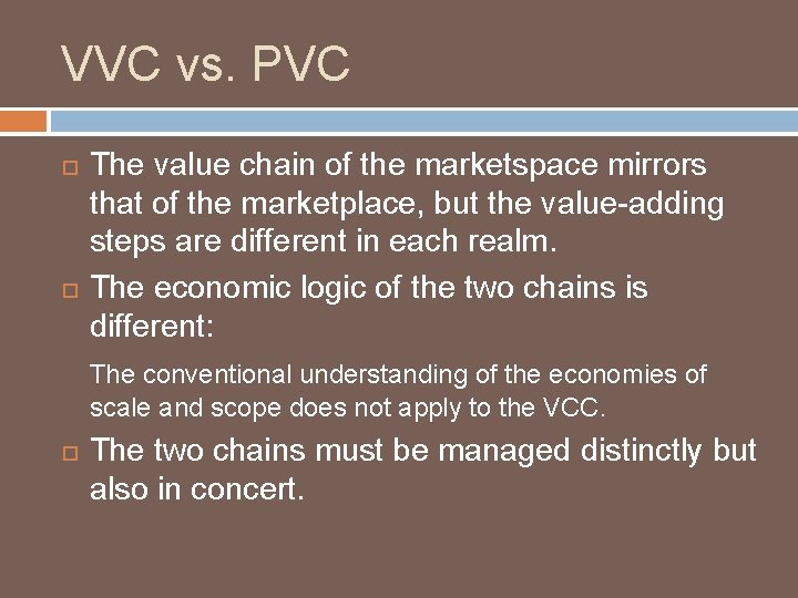 VVC vs. PVC The value chain of the marketspace mirrors that of the marketplace,