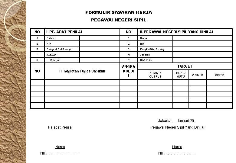 FORMULIR SASARAN KERJA PEGAWAI NEGERI SIPIL NO I. PEJABAT PENILAI NO II. PEGAWAI NEGERI