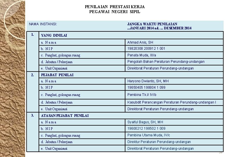 PENILAIAN PRESTASI KERJA PEGAWAI NEGERI SIPIL NAMA INSTANSI: 1. 2. 3. JANGKA WAKTU PENILAIAN.