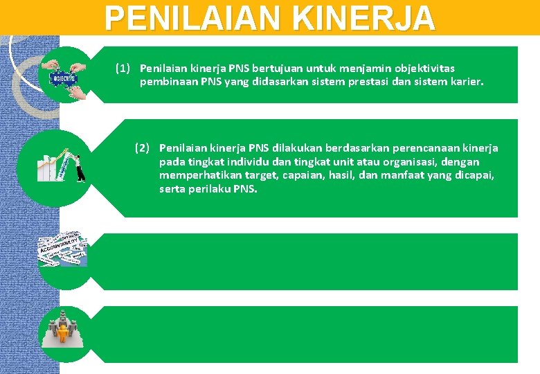 PENILAIAN KINERJA (1) Penilaian kinerja PNS bertujuan untuk menjamin objektivitas pembinaan PNS yang didasarkan