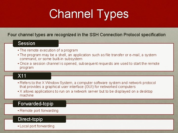 Channel Types Four channel types are recognized in the SSH Connection Protocol specification Session