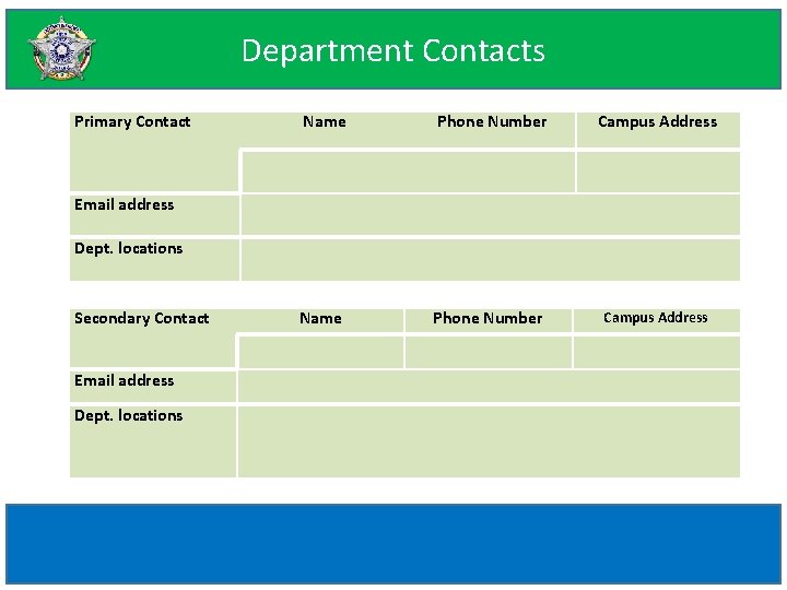 Department Contacts Primary Contact Name Phone Number Campus Address Email address Dept. locations Secondary