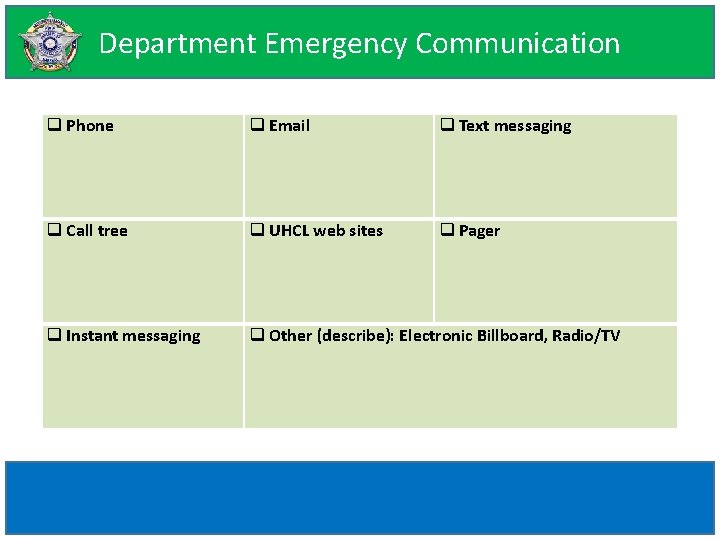 Department Emergency Communication Phone Email Text messaging Call tree UHCL web sites Pager Instant