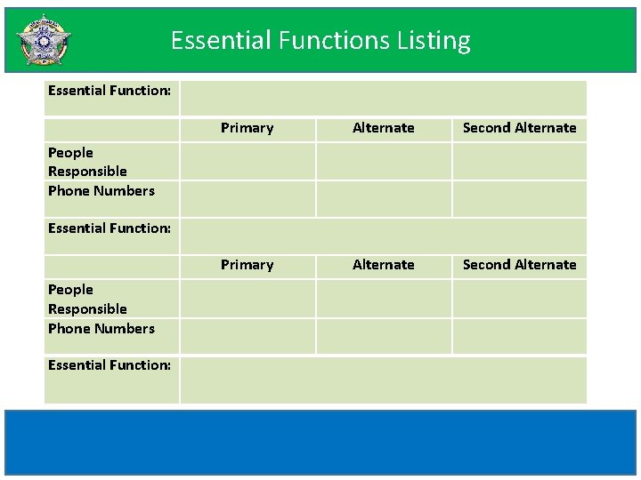 Essential Functions Listing Essential Function: Primary Alternate Second Alternate People Responsible Phone Numbers Essential