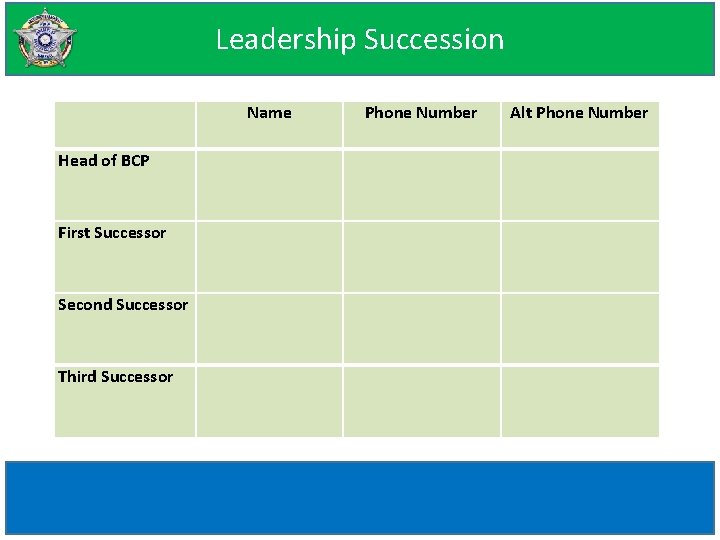 Leadership Succession Name Head of BCP First Successor Second Successor Third Successor Phone Number