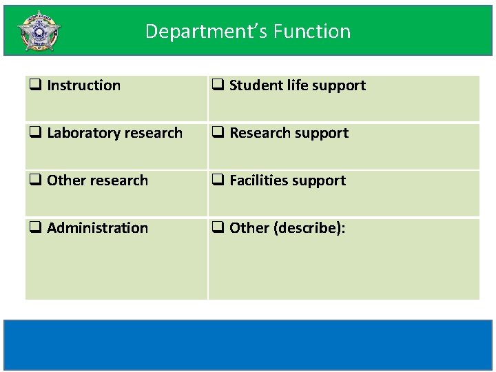 Department’s Function Instruction Student life support Laboratory research Research support Other research Facilities support