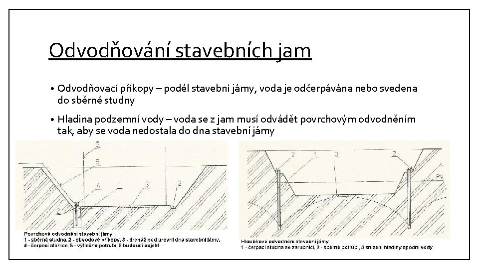 Odvodňování stavebních jam • Odvodňovací příkopy – podél stavební jámy, voda je odčerpávána nebo