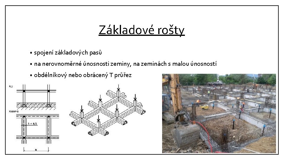 Základové rošty • spojení základových pasů • na nerovnoměrné únosnosti zeminy, na zeminách s