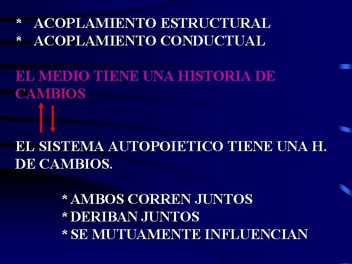 * ACOPLAMIENTO ESTRUCTURAL * ACOPLAMIENTO CONDUCTUAL EL MEDIO TIENE UNA HISTORIA DE CAMBIOS EL