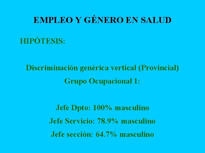 EMPLEO Y GÉNERO EN SALUD § HIPÓTESIS: Discriminación genérica vertical (Provincial) Grupo Ocupacional 1: