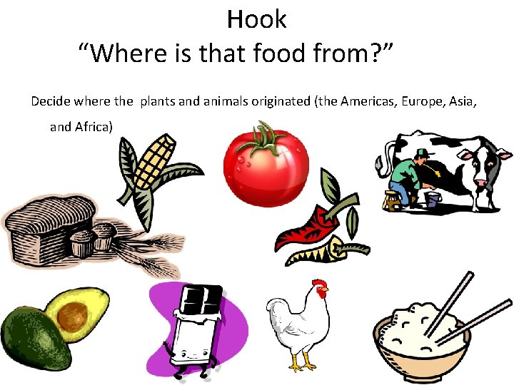 Hook “Where is that food from? ” Decide where the plants and animals originated