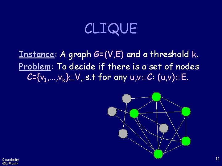 CLIQUE Instance: A graph G=(V, E) and a threshold k. Problem: To decide if