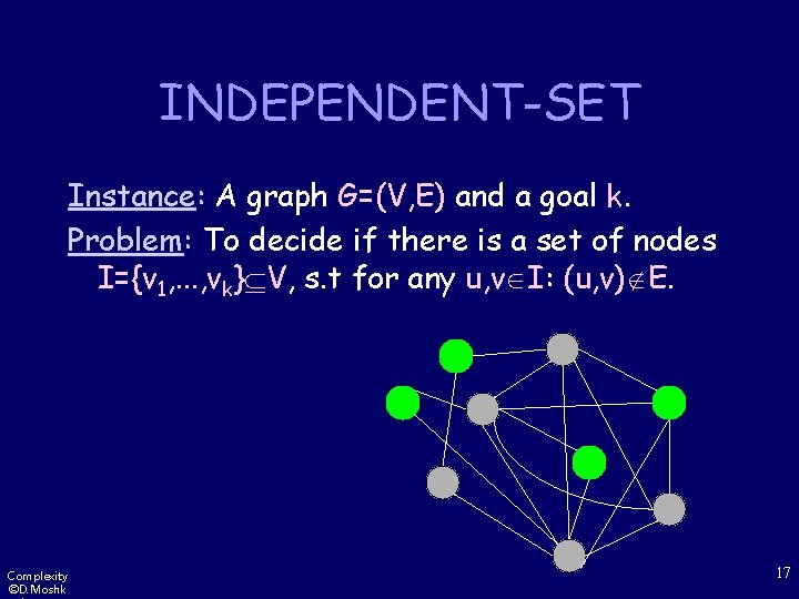 INDEPENDENT-SET Instance: A graph G=(V, E) and a goal k. Problem: To decide if