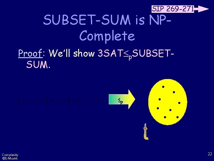 SIP 269 -271 SUBSET-SUM is NPComplete Proof: We’ll show 3 SAT p. SUBSETSUM. ≤p