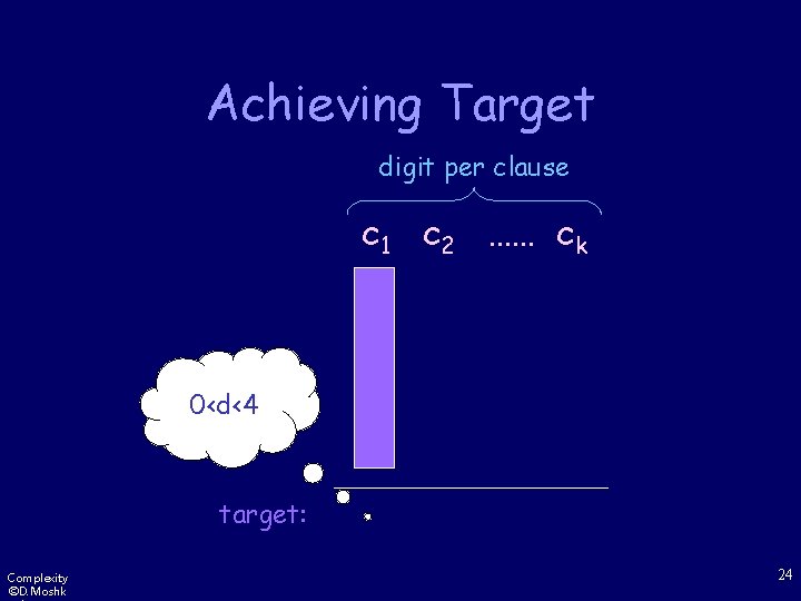 Achieving Target digit per clause c 1 c 2 …… ck 0<d<4 target: Complexity