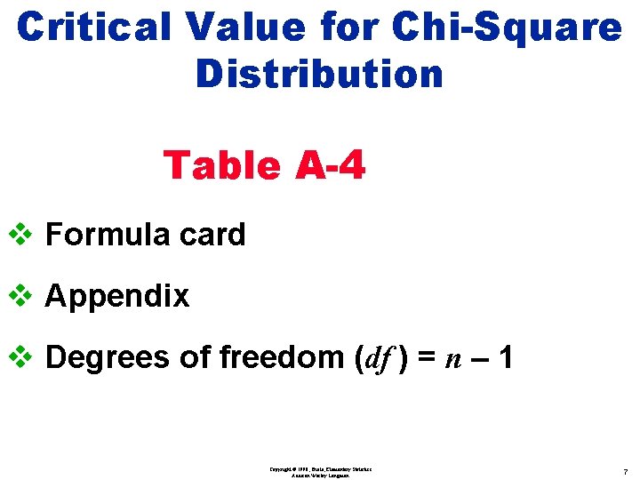 Critical Value for Chi-Square Distribution Table A-4 v Formula card v Appendix v Degrees