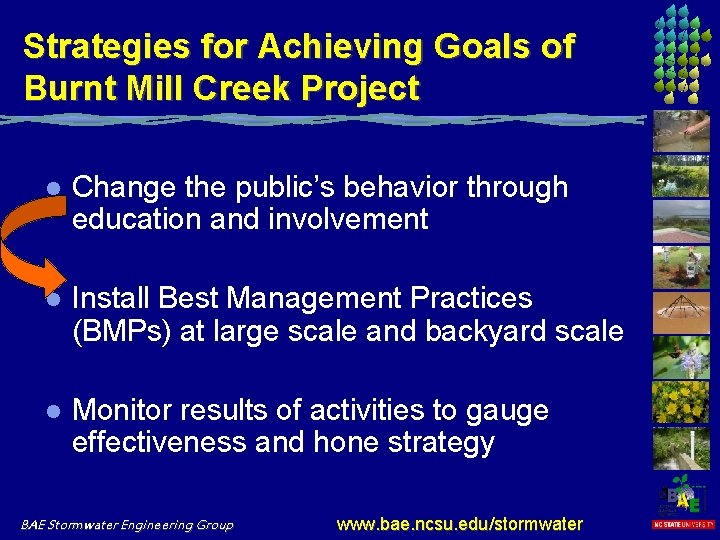 Strategies for Achieving Goals of Burnt Mill Creek Project l Change the public’s behavior