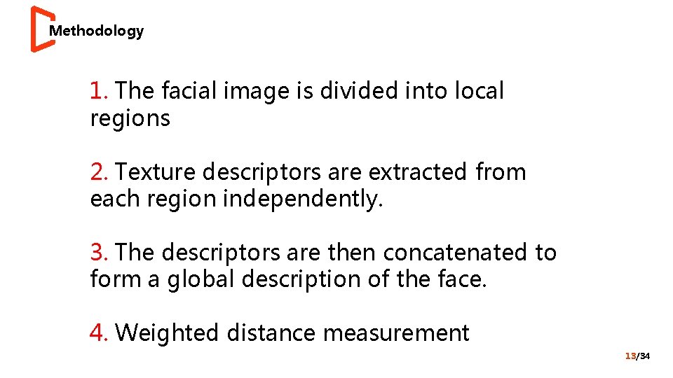 Methodology 1. The facial image is divided into local regions 2. Texture descriptors are