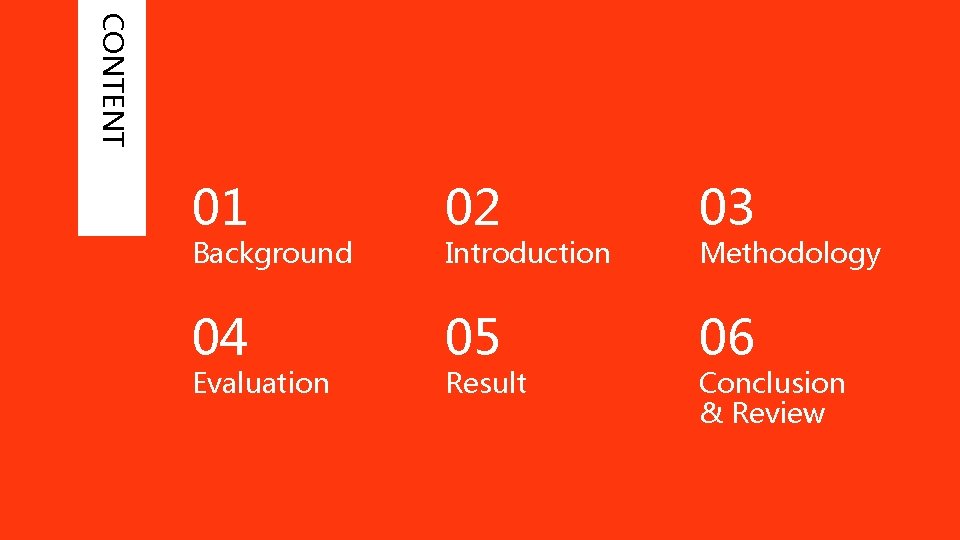 CONTENT 01 02 03 04 05 06 Background Evaluation Introduction Result Methodology Conclusion &