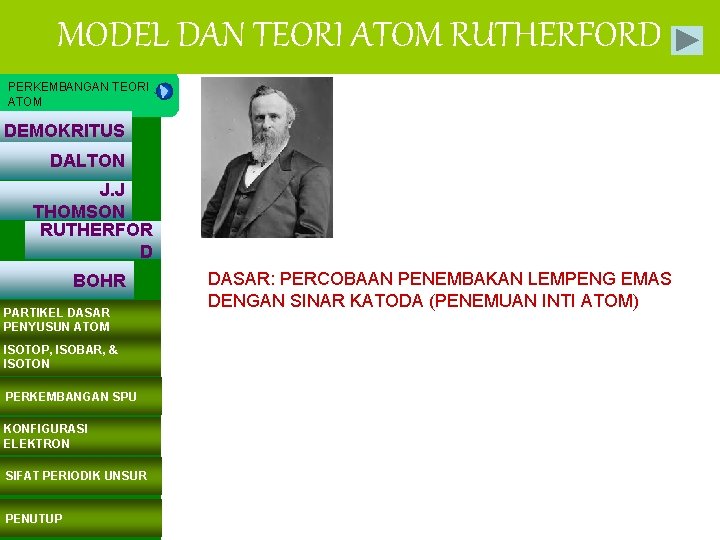 MODEL DAN TEORI ATOM RUTHERFORD PERKEMBANGAN TEORI ATOM DEMOKRITUS DALTON J. J THOMSON RUTHERFOR