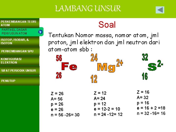 LAMBANG UNSUR Soal PERKEMBANGAN TEORI ATOM PARTIKEL DASAR PENYUSUN ATOM ISOTOP, ISOBAR, & ISOTON