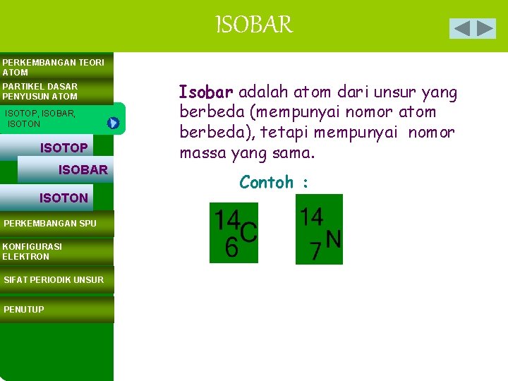 ISOBAR PERKEMBANGAN TEORI ATOM PARTIKEL DASAR PENYUSUN ATOM ISOTOP, ISOBAR, ISOTON ISOTOP ISOBAR ISOTON