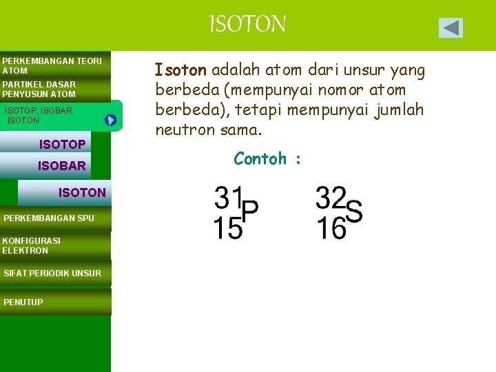 ISOTON PERKEMBANGAN TEORI ATOM PARTIKEL DASAR PENYUSUN ATOM ISOTOP, ISOBAR, ISOTON ISOTOP ISOBAR ISOTON