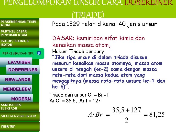 PENGELOMPOKAN UNSUR CARA DOBEREINER (TRIADE) PERKEMBANGAN TEORI ATOM PARTIKEL DASAR PENYUSUN ATOM ISOTOP, ISOBAR,