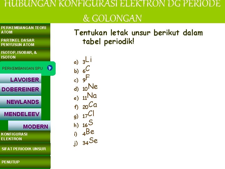 HUBUNGAN KONFIGURASI ELEKTRON DG PERIODE & GOLONGAN PERKEMBANGAN TEORI ATOM PARTIKEL DASAR PENYUSUN ATOM