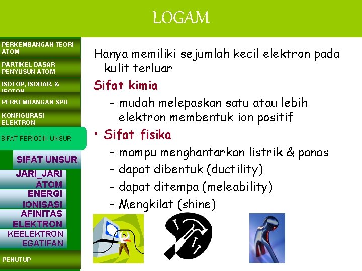 LOGAM PERKEMBANGAN TEORI ATOM PARTIKEL DASAR PENYUSUN ATOM ISOTOP, ISOBAR, & ISOTON PERKEMBANGAN SPU