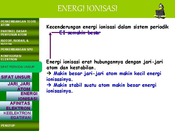 ENERGI IONISASI PERKEMBANGAN TEORI ATOM PARTIKEL DASAR PENYUSUN ATOM Kecenderungan energi ionisasi dalam sistem