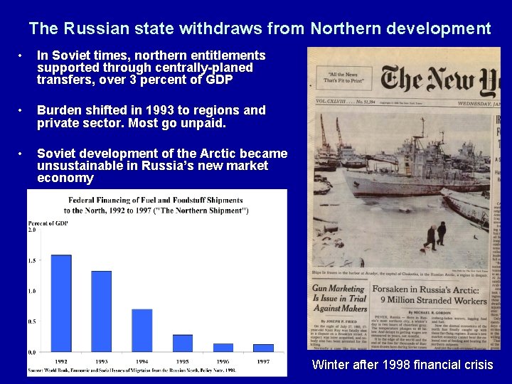 The Russian state withdraws from Northern development • In Soviet times, northern entitlements supported