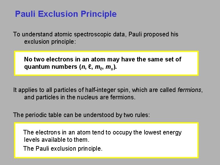 Pauli Exclusion Principle To understand atomic spectroscopic data, Pauli proposed his exclusion principle: No