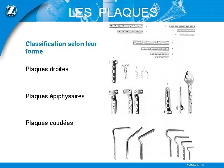 LES PLAQUES Classification selon leur forme Plaques droites Plaques épiphysaires Plaques coudées 11/28/2020 25