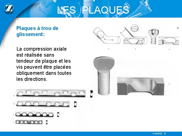 LES PLAQUES Plaques à trou de glissement: La compression axiale est réalisée sans tendeur