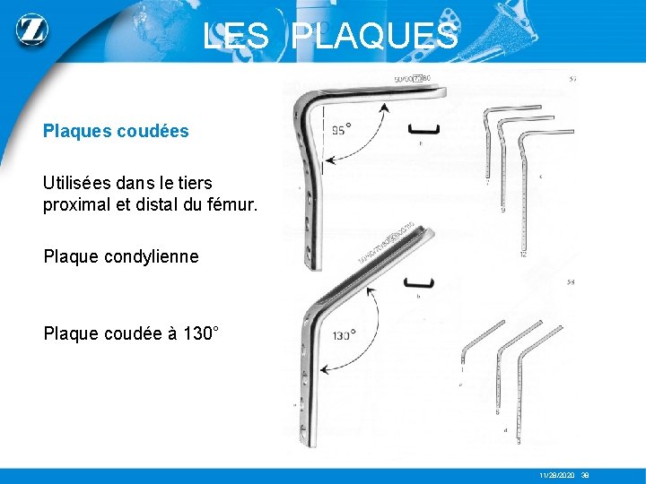 LES PLAQUES Plaques coudées Utilisées dans le tiers proximal et distal du fémur. Plaque