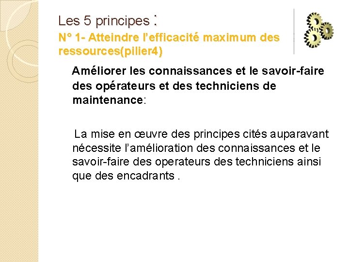 Les 5 principes : N° 1 - Atteindre l’efficacité maximum des ressources(pilier 4) Améliorer